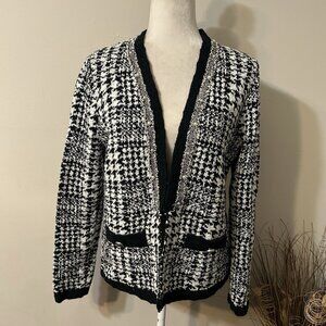 Chico's Women Chunky Knit Cardigan Houndstooth Black White Pearl Embellished 1/M